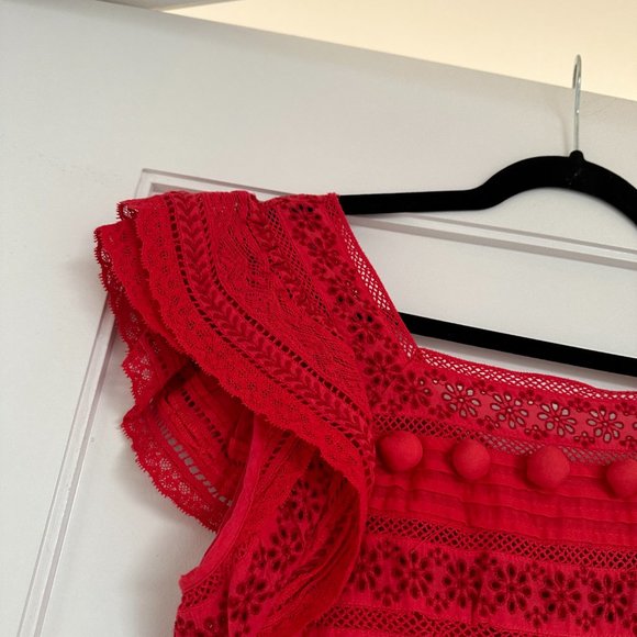 Sea New York Embroidered Midi Dress SZ 2 Red Eyelet Detail Flutter Sleeve - Picture 7 of 11